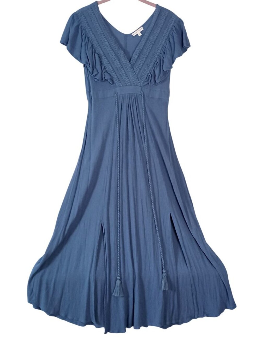Baltic Born Jennifer Blue Maxi Dress Womens Sz S Deep V Flutter Sleeve Lace Slit - Picture 2 of 10